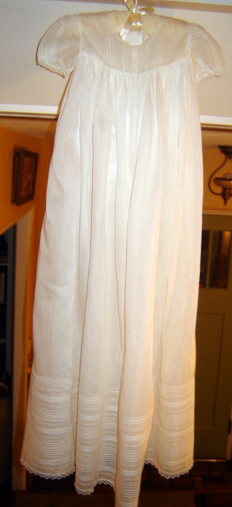 Lace Tape Christening Gown, $70. Swiss batiste, lace tape, tatting, entredeux, feather stitching. Read more Lace Tape Christening Gown.