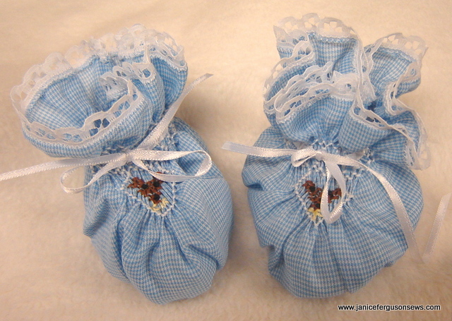 SOLD and shipped #7 Smocked Booties, $8 + shipping. Teddy bears on the toes make this microcheck infant footware suitable for boy or girl. A dear friend made these for one of the grandbabies but they were never worn. Nice with diaper shirt set above.