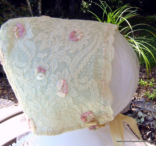 SOLD and shipped #10 Lace Bonnet with Silk Ribbon Embroidery, $22 + shipping. Exquisite antique lace lined with mint organdy, embellished with silk ribbon embroidery, antique silk grosgrain ribbon ties. Newborn to 3 months. Details and more photos can be seen in Embroidered Lace Bonnet post.