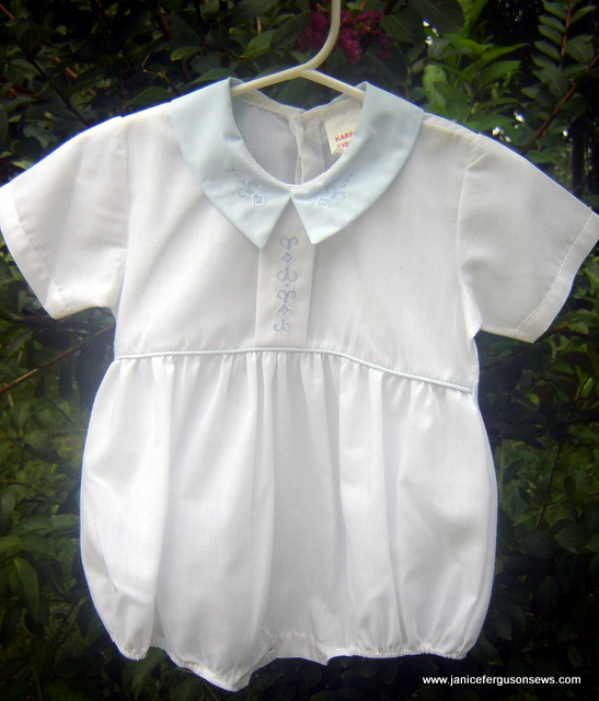 SOLD pending payment #1 Prince Bubble Two, $12 + shipping. Another princely bubble, size 3 months, never worn. When Alastair's mama tried to squeeze that 3 week old bruiser into it, she knew it was futile. Another Old San Juan purchase, but labeled made in Columbia. Made of easy care polycotton with machine embroidery and piping.
