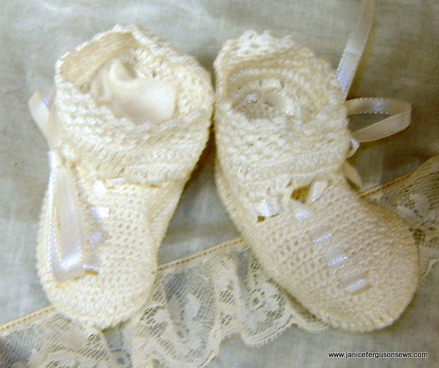 SOLD and shipped #2 White Hightop Booties, $10 + shipping. Finely crocheted, stay-on style, classic baby wear from Old San Juan. Details in blog post Beautiful Booties.