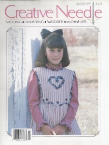 July/Aug. 1991: Creative Duplicate Stitch, Machine Heirloom Sewing by Connie Harbor, Handkerchief Nosegay, Organdy and Linen Collar (pattern) by Margaret Pierce, Prairie Fashions, Back to School applique,  Ice Cream smock plate by Gwen Milner, Simply Serging (piping), Smocking  Tips     .