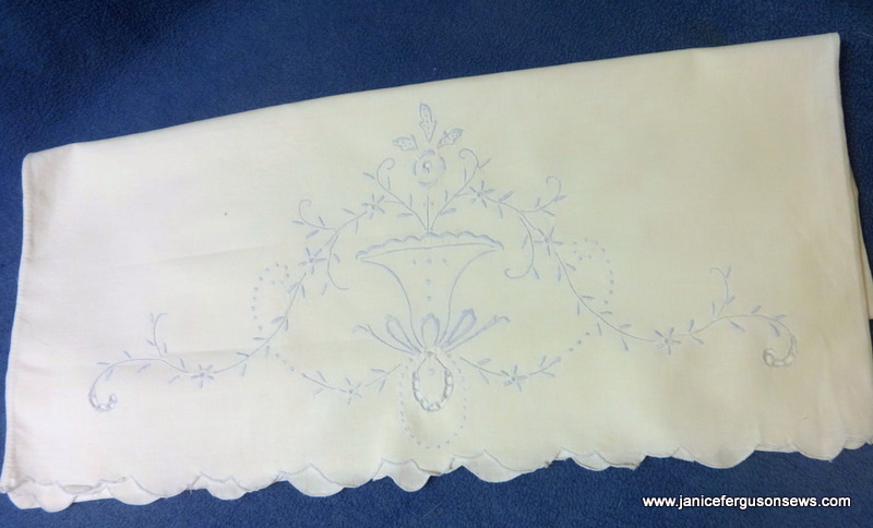 vintage 1920 pillowcase, hand embroidery and cutwork edge