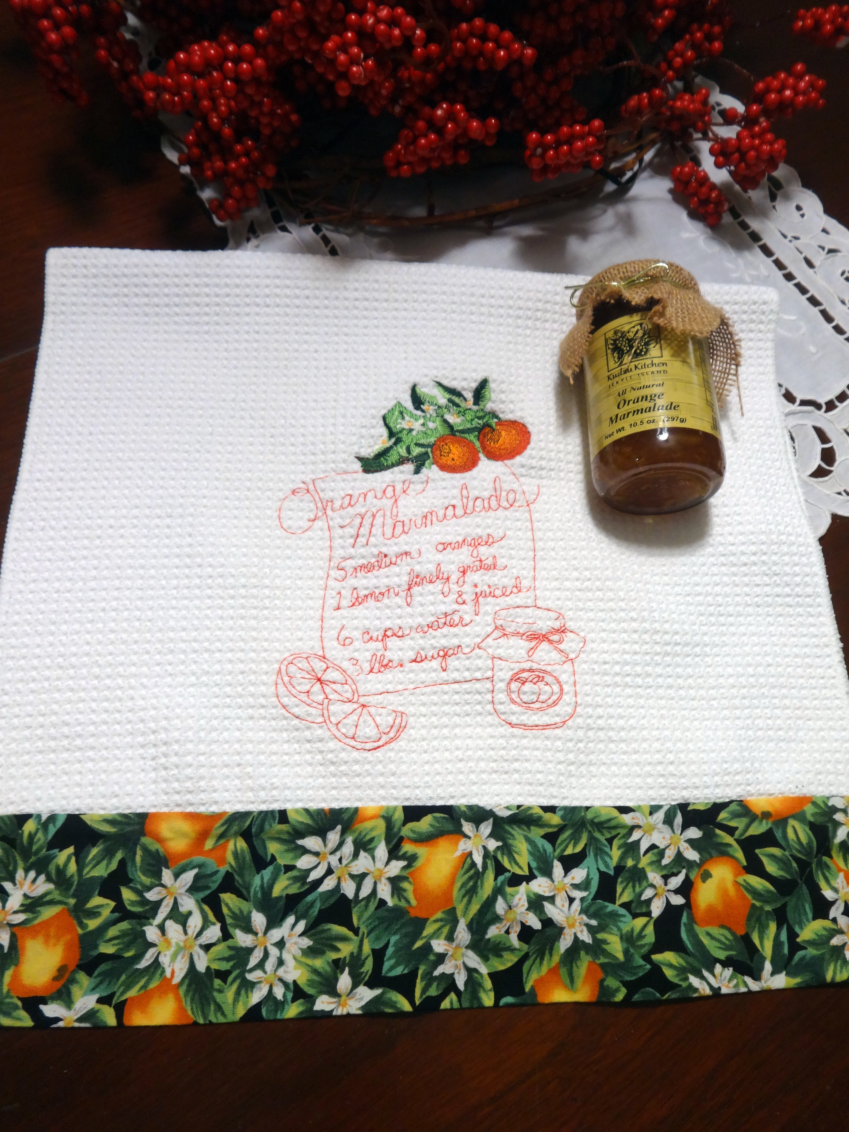 Orange marmalade recipe design from Embroidery Library with oranges added at the top..